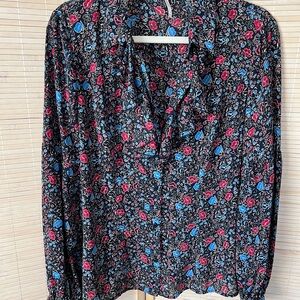 Free People Black Floral Blouse with Red and Blue Accents